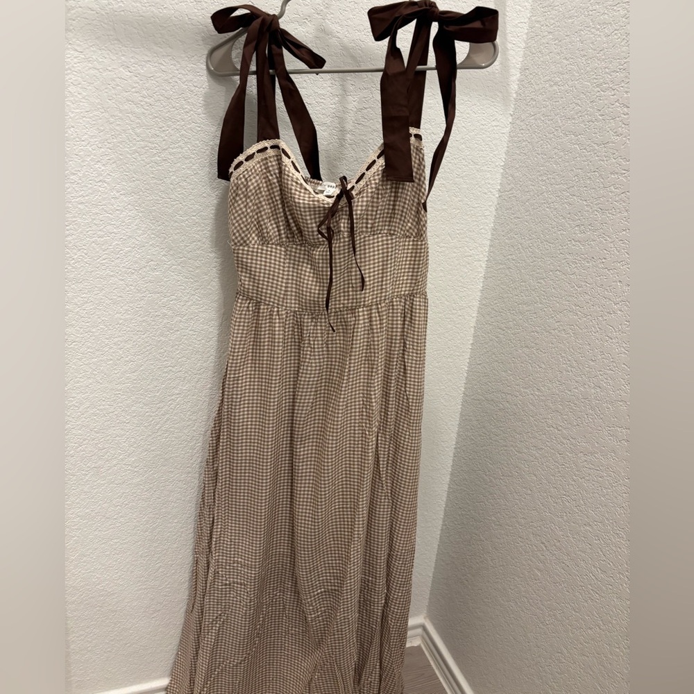 Brown and Cream Gingham Dress with Bow Straps